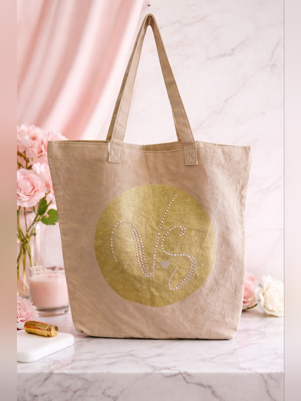 Victoria’s Secret Gold Logo Canvas Tote Bag | Large Neutral Shopper | NWOT